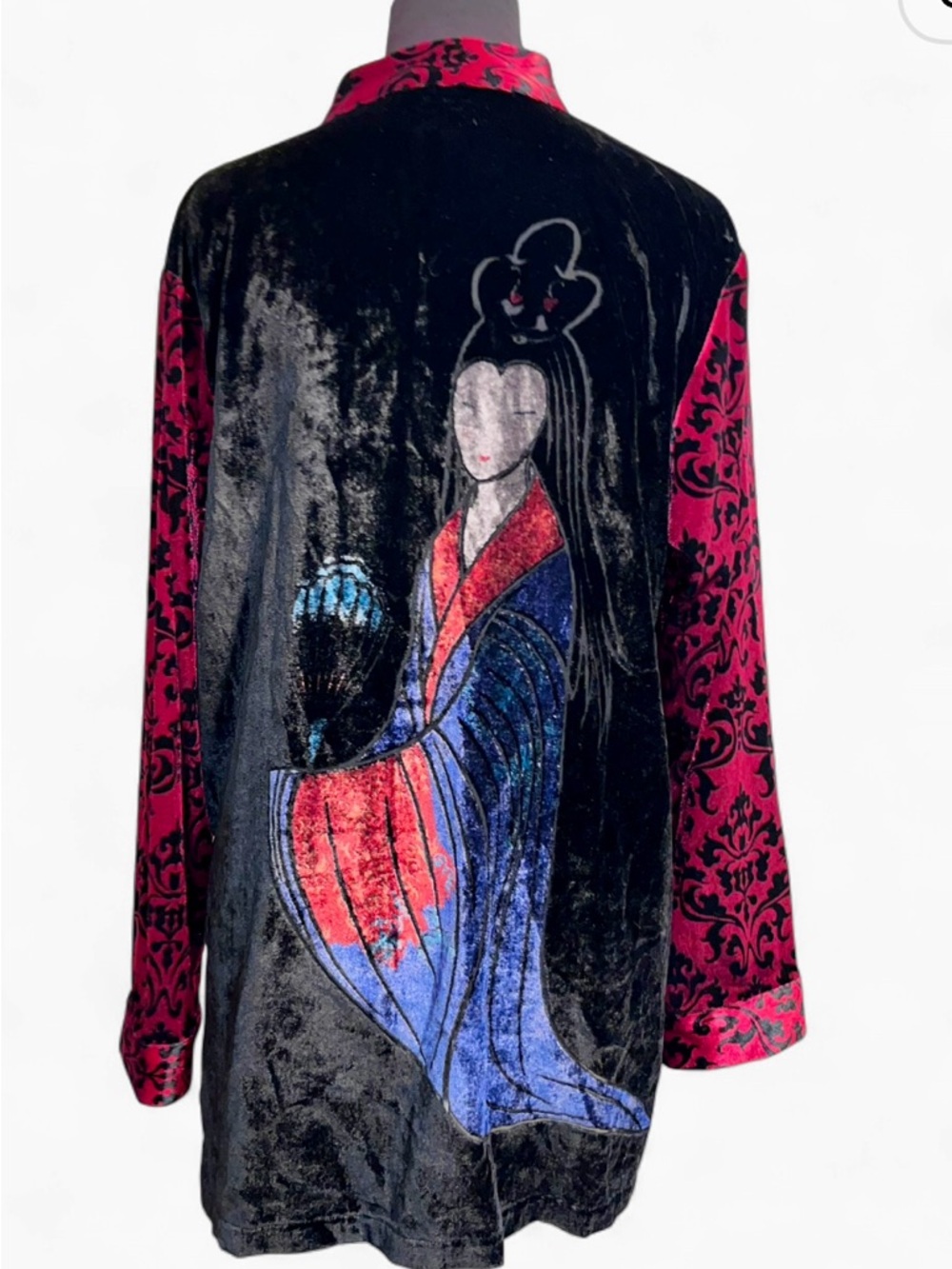 Vintage Black Velvet Jacket with Pink and Blue Oriental Motif